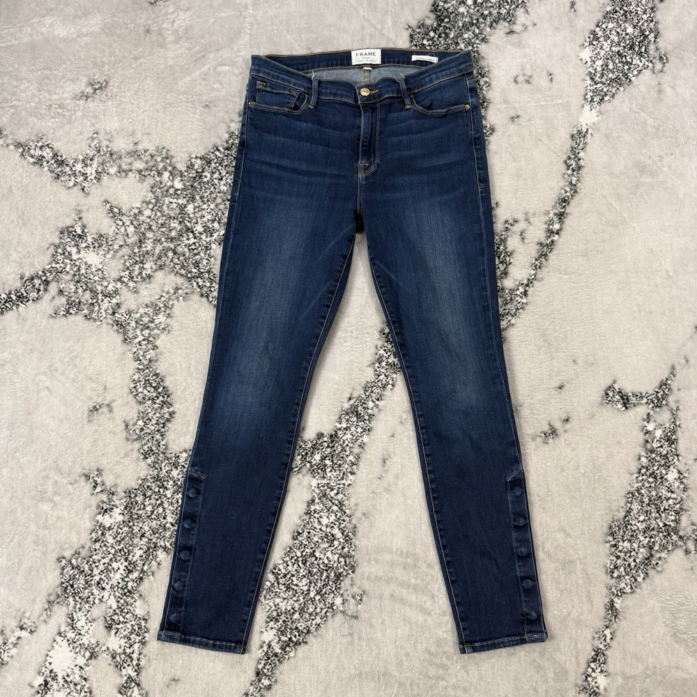 FRAME Le Skinny de Jeanne Jeans Women's Size 30 Martha Blue Wash Snap Button Hem